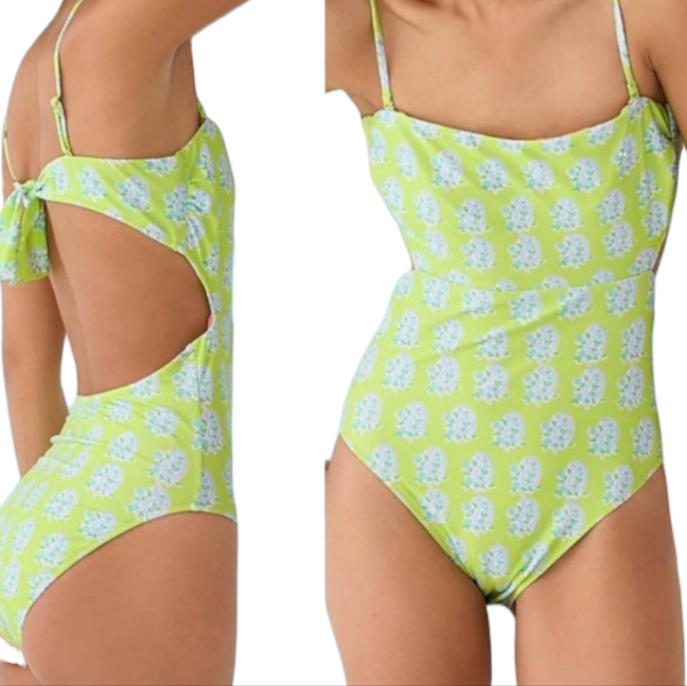 ​J. Crew x SZ Blockprints Cutout One Piece Swimsuit Green Paisley Floral Size 2